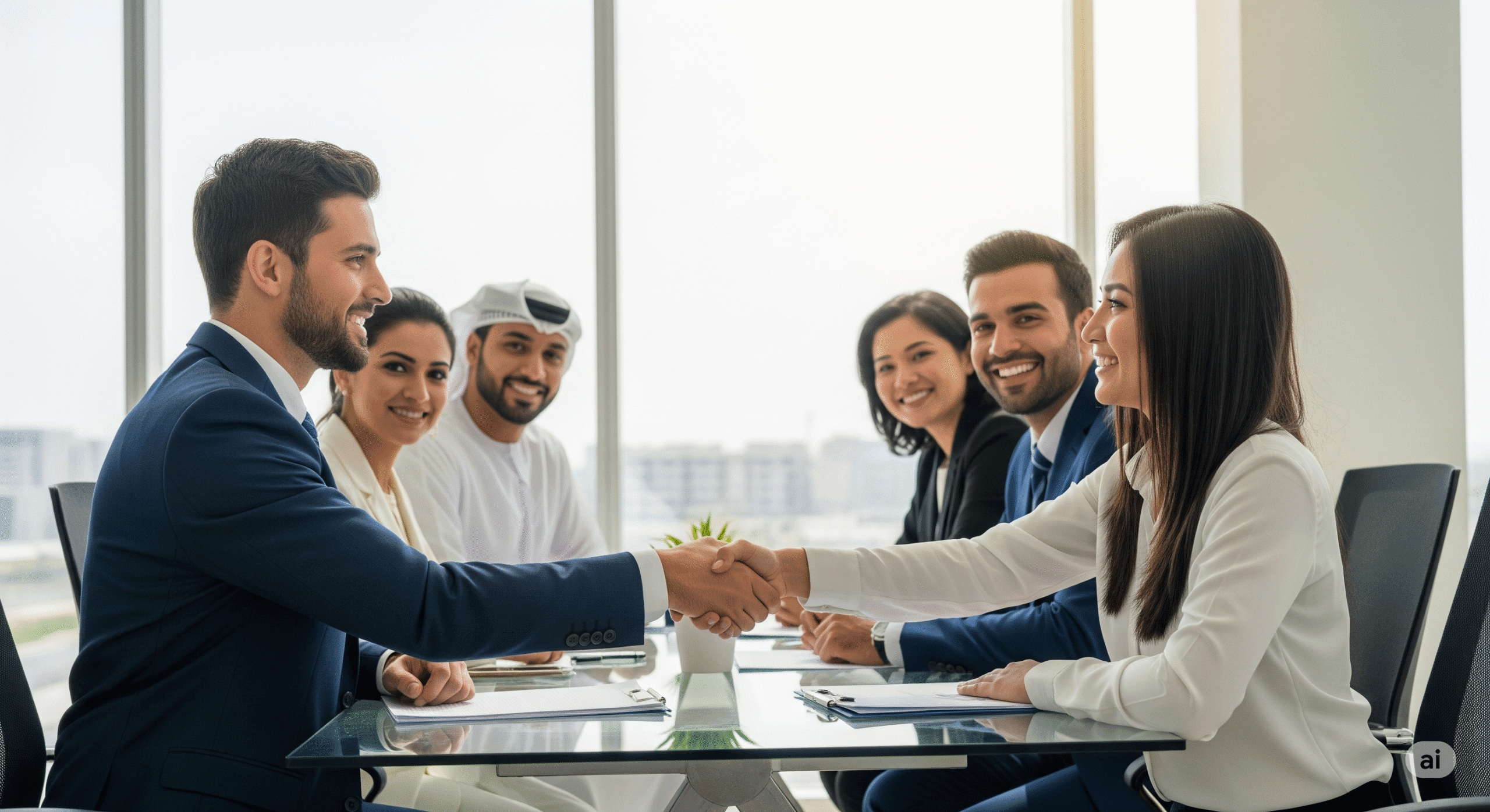 A business manager shakes hands with a new employee in a modern UAE office, symbolizing a successful talent acquisition. In the background, a diverse team of Emirati, Indian, and Asian professionals collaborates, representing a powerful competitive edge
