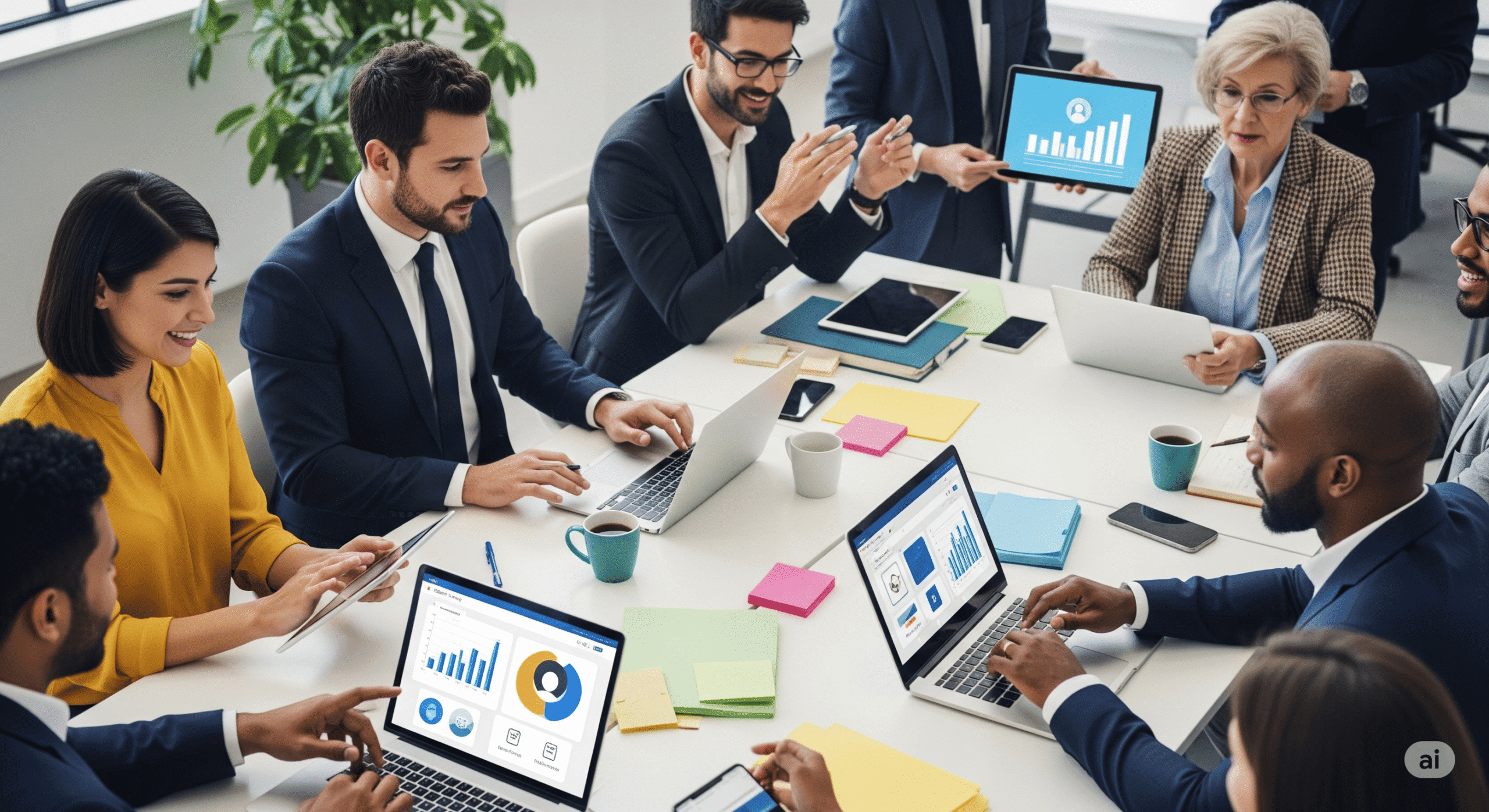 A diverse marketing and strategy team collaborates around a conference table, reviewing charts and graphs on their laptops in a modern office.