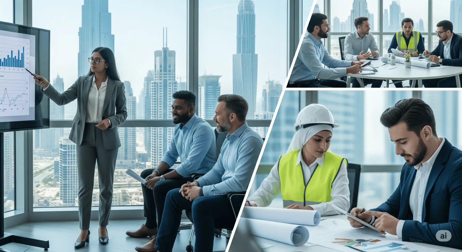 A diverse team of professionals collaborating in a modern office with the UAE skyline in the background, showcasing scalable hiring solutions for business growth from slhrconsultancy.com.