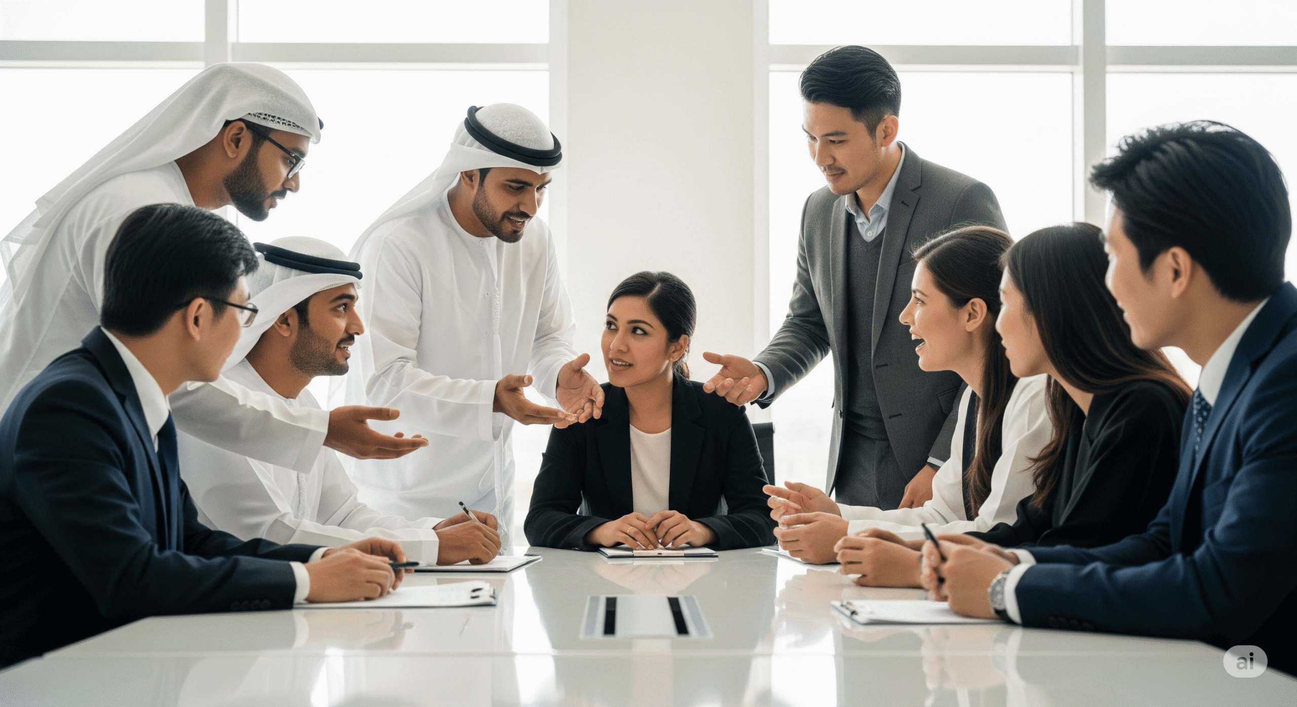 A diverse group of Emirati, Indian, and East Asian professionals are engaged in a collaborative discussion around a modern conference table in a bright, open-plan office. They are discussing the complexities and opportunities of the UAE job market, conveying both challenges and innovation.