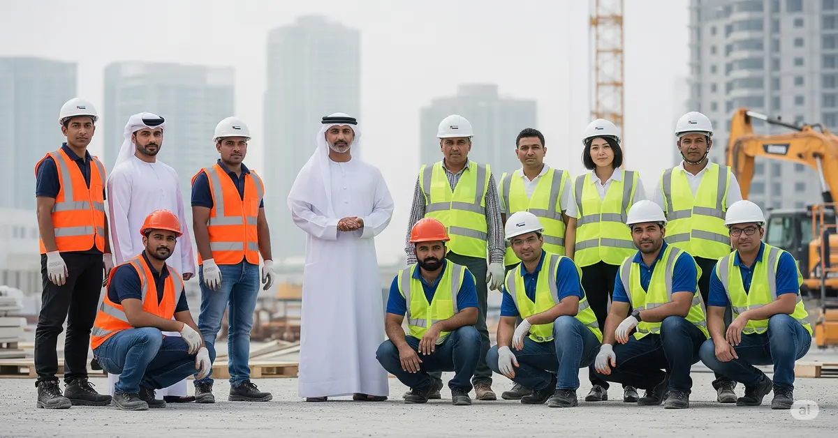 A diverse group of blue-collar professionals, including UAE Nationals, Indians, and Asians, are seen in hard hats and safety vests on a worksite, symbolizing the skilled workforce provided by SLHR Consultancy. This image represents a crucial day-to-day task in human resource consultancy: effectively managing and deploying a diverse workforce to ensure project success for clients across the UAE.