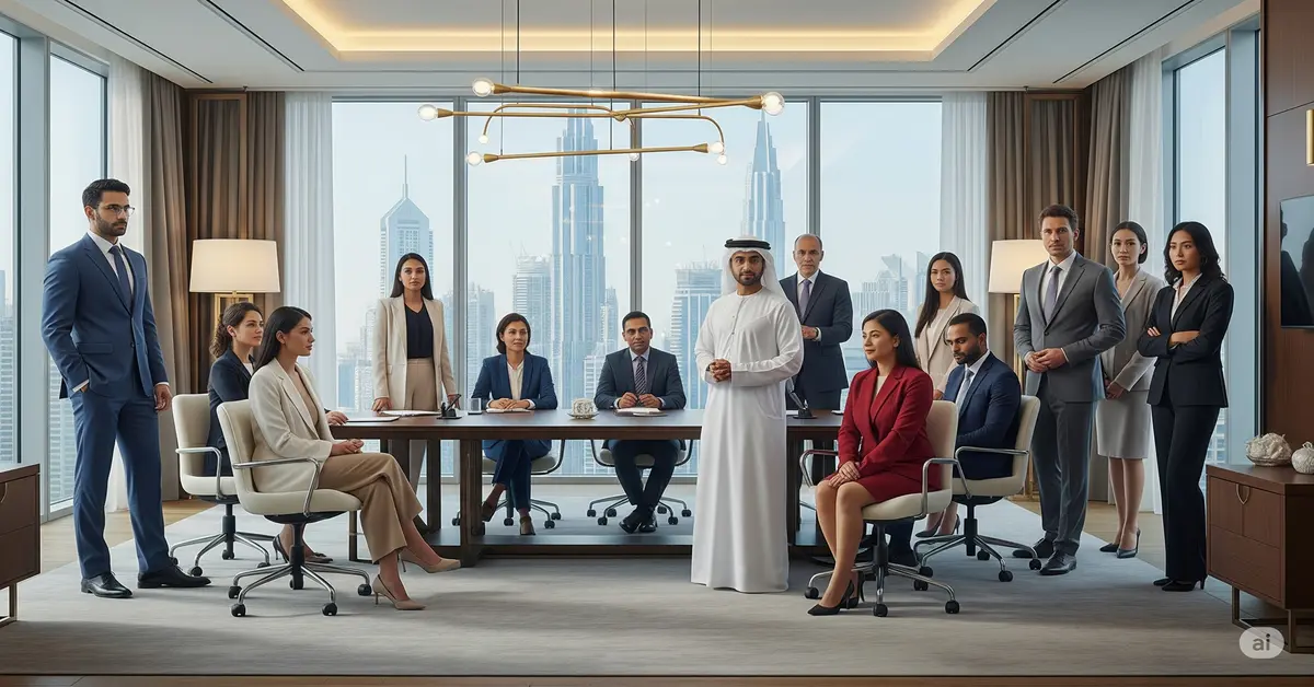 A professional and diverse group of UAE National, Indian, and Asian executives are seated and standing around a large conference table in a modern boardroom with a panoramic view of the Dubai skyline, representing SLHR Consultancy's expertise in executive search and finding top-tier talent for strategic leadership roles.