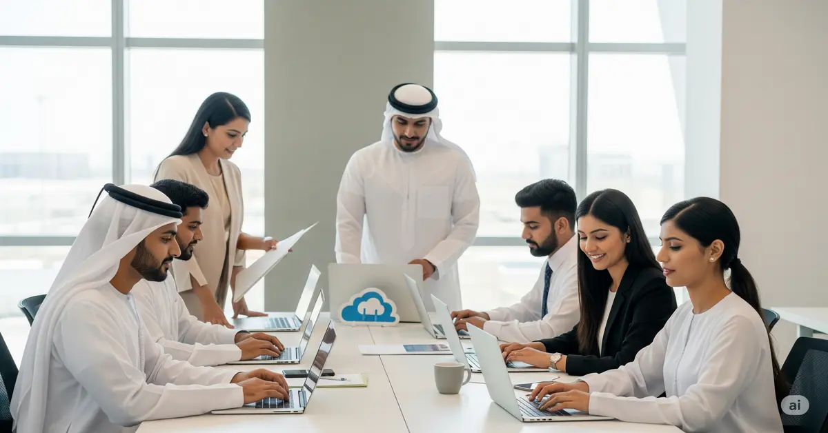 Diverse team of UAE National, Indian, and Asian professionals efficiently managing payroll and financial tasks in SLHR Consultancy Office, showcasing compliance and growth.