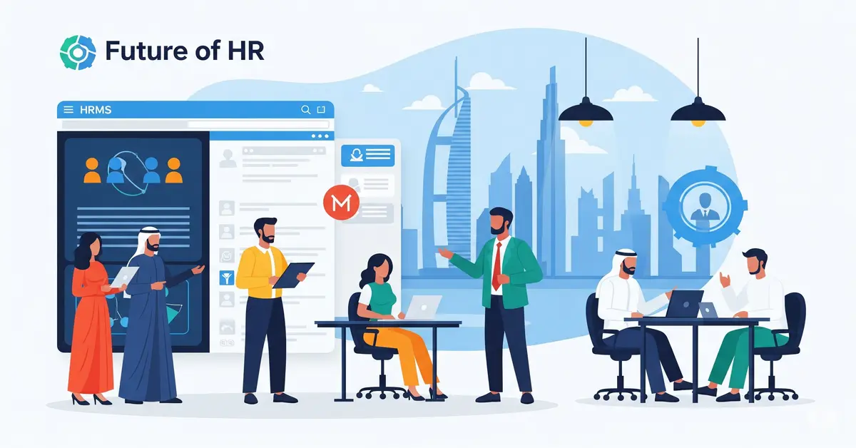 An illustration showing diverse professionals in SLHR Consultancy office, symbolizing talent acquisition and the integration of HR technology like an HRMS. The Dubai skyline in the background highlights a SLHR Consultancy and Manpower Agency's work in the Ajman UAE, focusing on future-proof hiring strategies.