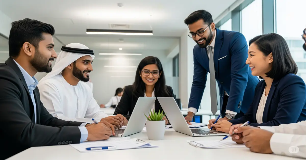 A diverse group of HR professionals from SLHR Consultancy, including UAE National, Indian, and Asian team members, actively collaborate in a bright, modern office in the UAE. This image captures the essence of SLHR Consultancy's day-to-day work in delivering comprehensive HR solutions, encompassing strategic workforce management, efficient payroll processing, and meticulous compliance, all designed to foster business growth in the dynamic UAE market.