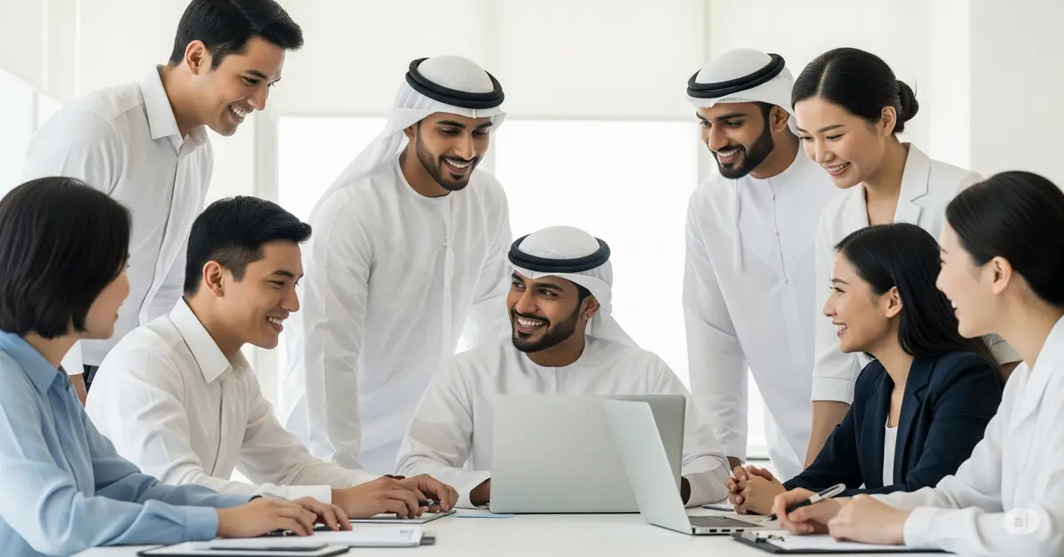 A diverse group of UAE National, Indian, and Asian professionals collaborating in SLHR Consultancy office, representing SLHR Consultancy's manpower and HR solutions in Ajman, UAE.