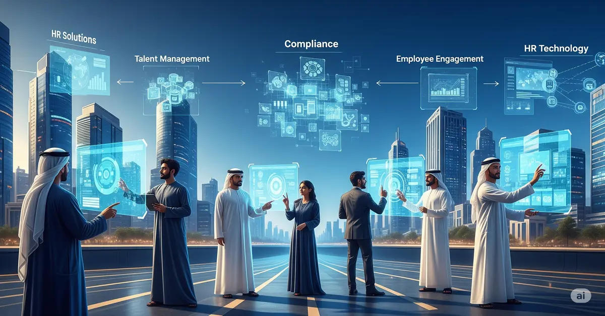 SLHR Consultancy Staff interacting with holographic displays in a UAE cityscape, representing comprehensive HR solutions including compliance, talent management, employee engagement, and HR technology.