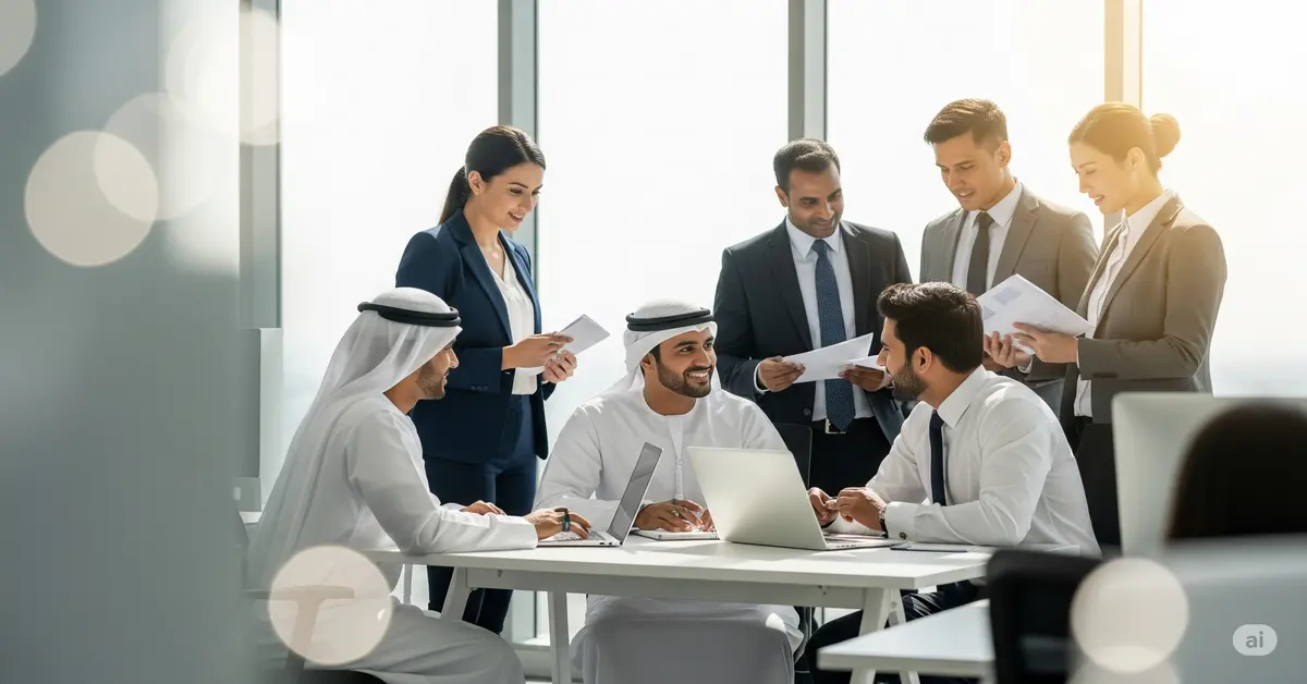 Diverse team of UAE National, Indian, and Asian professionals collaborating in a modern SLHR Consultancy office, discussing about candidate resume documents and working on laptops, symbolizing expert manpower supply and strategic business discussions.