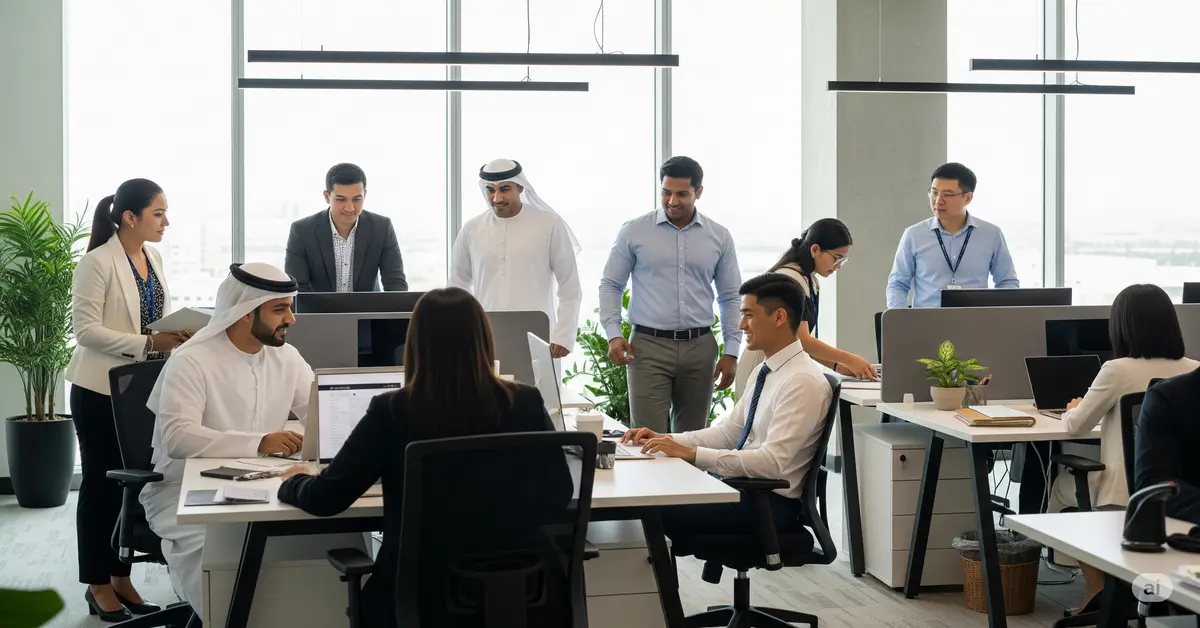 A group of diverse professionals, including UAE Nationals, Indians, and East Asians, collaborating in a modern, brightly lit office, symbolizing SLHR Consultancy's expert UAE hiring solutions, skilled talent acquisition, and streamlined HR services.