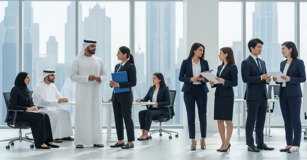 A diverse group of UAE National, Indian, and Asian professionals at SLHR office with a city skyline view, engaged in discussions and desk work, representing expert manpower solutions and strategic business success in Human Resource Consultancy.