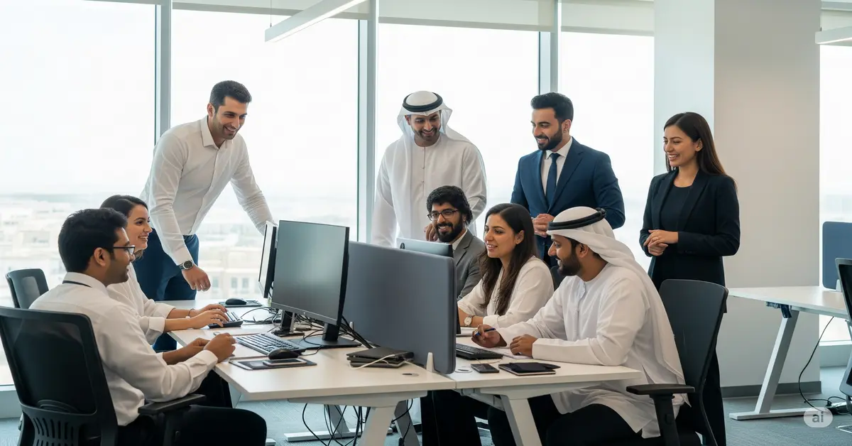 A diverse team of Emirati, Indian, and Asian professionals collaborating in a modern Sharjah office, gathered around a computer to discuss talent solutions.