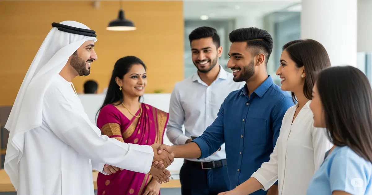 An image depicting a diverse group of professionals, including a UAE national man in traditional attire, an Indian woman in a sari, and other Asian individuals, engaging in a handshake at SLHR Consultancy. This symbolizes successful recruitment and job placement, reflecting the day-to-day tasks of a SLHR Consultancy in facilitating connections between employers and job seekers and matching talent with suitable roles.