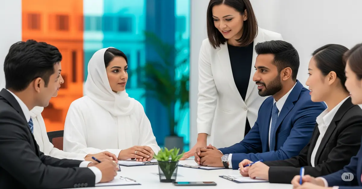 A diverse team of UAE, Indian, and Asian professionals in a strategic meeting at SLHR Consultancy in Ajman. This image reflects the dedicated discussions and collaborative efforts involved in day-to-day talent acquisition and recruitment strategy development, ensuring SLHR finds the best candidates and solutions for employers in the Ajman job market.
