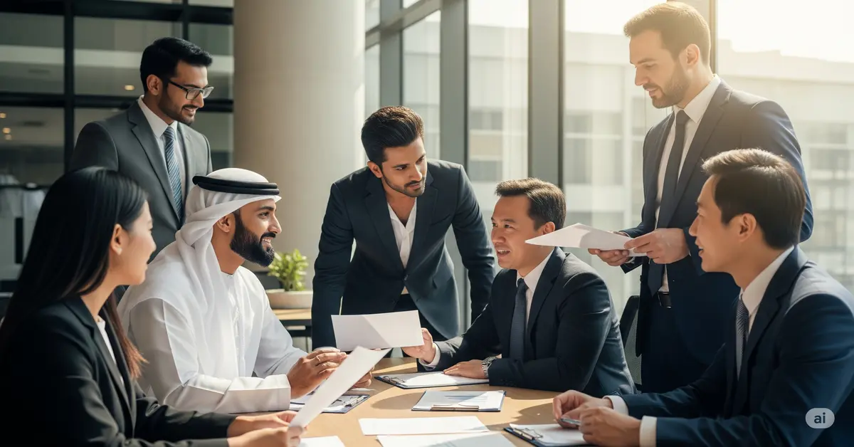 A group of diverse professionals, including UAE Nationals, Indian, and Asian team members, at SLHR Consultancy, deeply engaged in a discussion over documents, symbolizing their expert guidance on UAE labor law compliance, visa processing, contracts, and comprehensive HR solutions for businesses. This image captures the strategic day-to-day work of navigating complex regulations to ensure seamless operations for their clients.