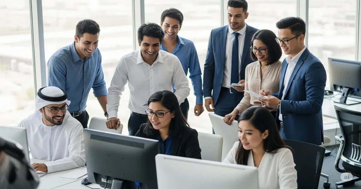 Diverse UAE National, Indian, and Asian professionals collaborating at computers in a bright, modern office, symbolizing optimized workforce productivity, engagement, and retention.