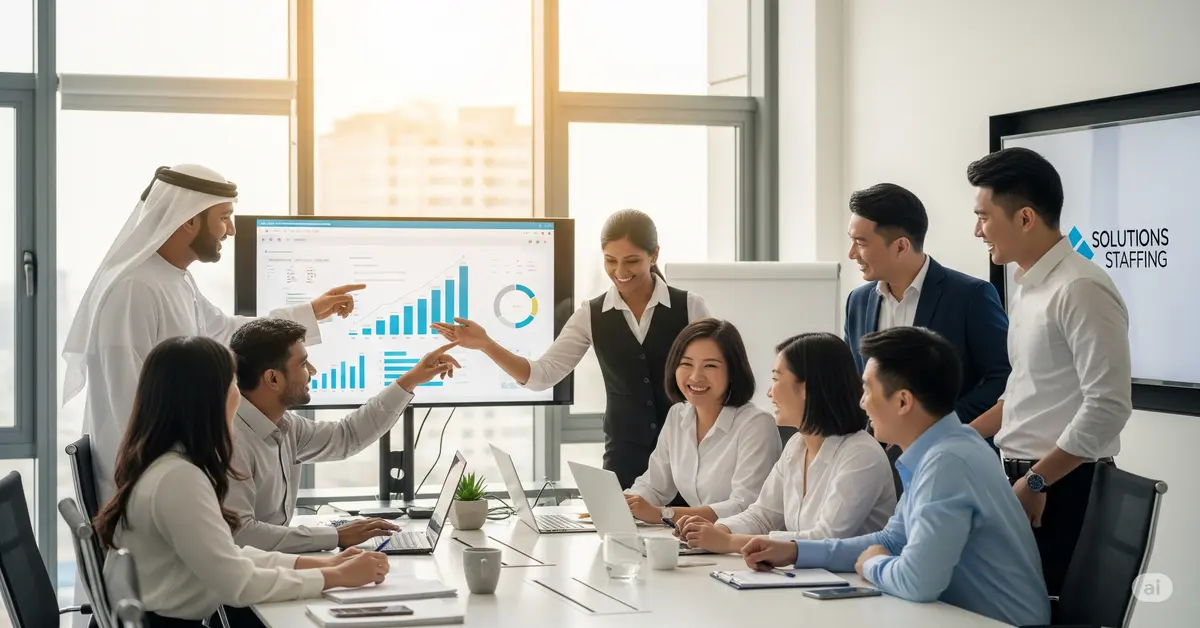 An image for a blog post from SLHR Consultancy featuring a diverse team of professionals, including individuals of UAE, Indian, and Asian descent, collaborating in a modern office. This image represents the company's ability to provide a flexible and efficient workforce to clients through temporary staffing solutions, enhancing business growth and team dynamics.